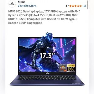 2025 Gaming-Laptop, 17.3" FHD with AMD Ryzen 77735HS